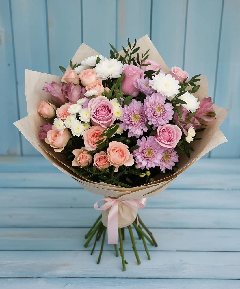 Букет цветов из: Хризантемы, Розы и Альстромерии в Нерастанное