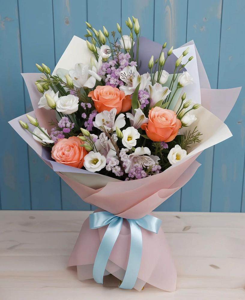 Букет цветов из: Лизиантусы, Розы, Альстромерии и Гипсофила в Нерастанное