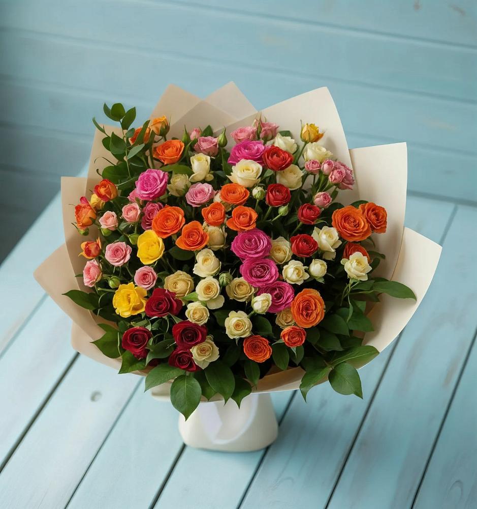 Букет Микс из разноцветных кустовых роз в Нерастанное