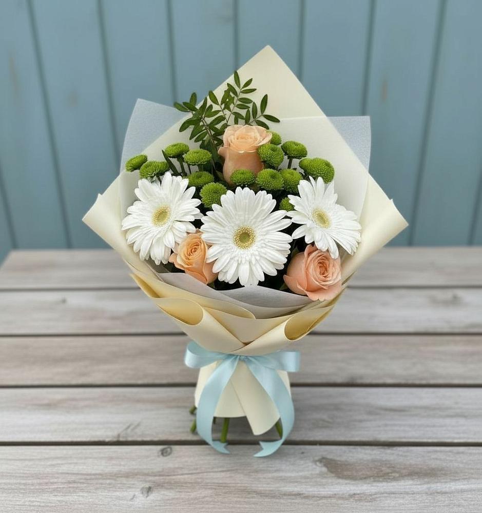 Букет цветов из: Герберы, Розы и Хризантемы в Нерастанное