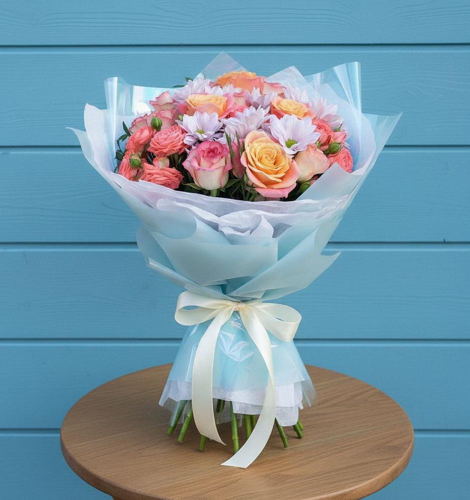 Букет цветов из: Хризантемы и Розы в Нерастанное