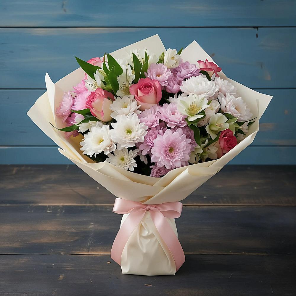 Букет цветов из: Хризантемы, Альстромерии и Розы в Нерастанное